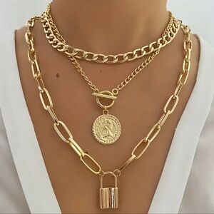 3pcs Set Layered Necklace, Women's Elegant  Gold Plated Embossed